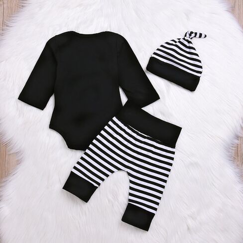 Baby Unisex Worth The Wait Arrow Printed Romper Striped Pant Hat Outfit Clothes in Kuwait