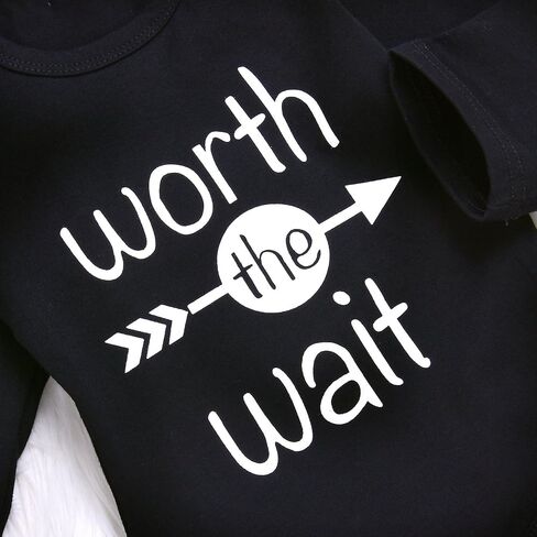 Baby Unisex Worth The Wait Arrow Printed Romper Striped Pant Hat Outfit Clothes in Kuwait