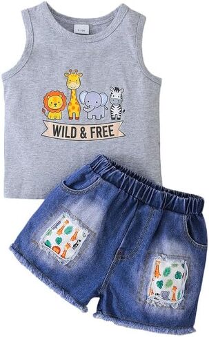 2Pcs Baby Boy Summer Clothes Infant Toddler Beach Outfits Cotton Sleeveless Tank Tops Denim Shorts Cute Set in Kuwait