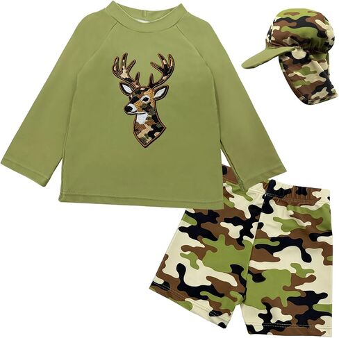 Toddler Boys 3-Piece Deer Print Rash Guard with Camouflage Swim Trunk & Sun Hat Long Sleeve Swimwear Suit for Beach Pool in Kuwait