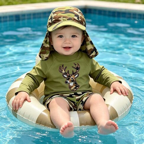 Toddler Boys 3-Piece Deer Print Rash Guard with Camouflage Swim Trunk & Sun Hat Long Sleeve Swimwear Suit for Beach Pool in Kuwait