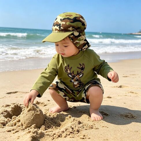 Toddler Boys 3-Piece Deer Print Rash Guard with Camouflage Swim Trunk & Sun Hat Long Sleeve Swimwear Suit for Beach Pool in Kuwait