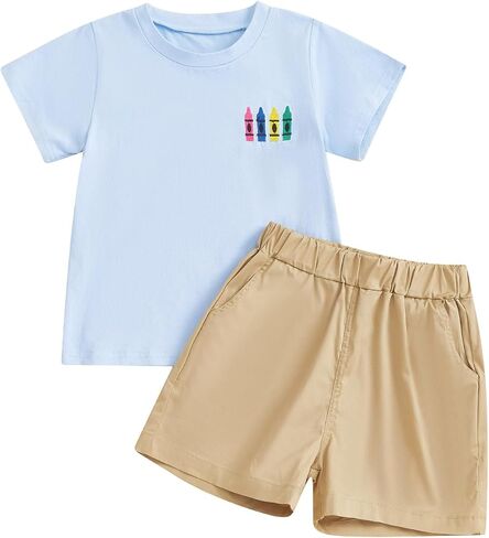 Thorn Tree Boys Back To School Outfit Funny Embroidery School Supplies T-Shirt Elastic Waist Shorts 2Pcs Summer Clothes in Kuwait
