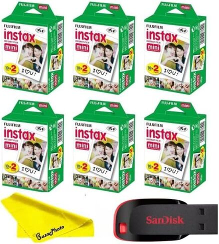 Fujifilm Instax Mini Instant Camera Film with Sandisk 32 GB USB Flash Drive + 6 x Mini Twin Packs (120 Sheets) and Buzz-Photo Microfiber Cleaning Cloth in Saudi Arabia