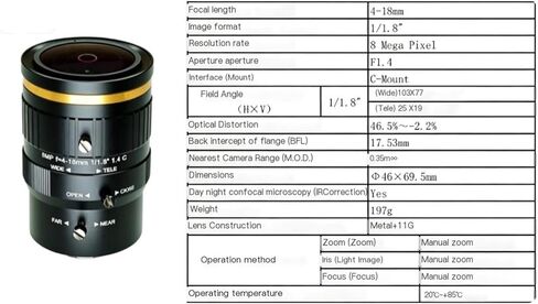 8MP 1/1.8" 4-18mm Varifocal C Mount Manual Iris HD Industrial Vision Lens | 4-18mm varifocal lens, manual iris, C mount, fits 1/1.8" sensor, 8MP HD optical lens for industrial machine vision inspection in Kuwait
