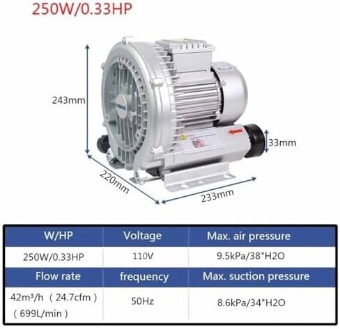 High-Pressure Regenerative Blower 110V 50Hz Vortex Air Pump 250W Industrial Vacuum for Sewage Aeration. Copper Motor, Aluminum Housing, Dual Inlet/Outlet Filters. in Kuwait
