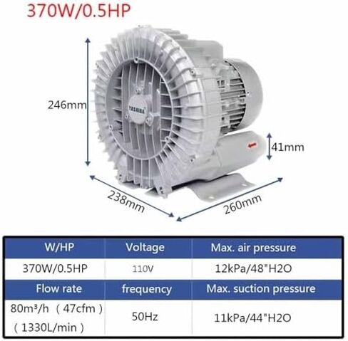 Industrial Regenerative Blower, 110V 50Hz Single Phase, Ring Blower for Fish Tank Centrifugal Blower, Industrial Vacuum Pump for Air Blowing Or Suction 0.33HP 0.47HP 0.5HP(370W/0.5HP) in Kuwait