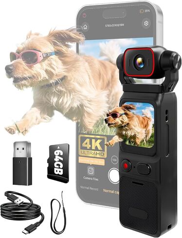 4K Vlogging Camera, Portable Pocket Camera (WiFi & 64GB Card) | 3000mAh Battery, 1.69" Display, 6-Axis Stabilizer & EIS, 150° Wide-Angle Body Cam for Travel YouTube & TikTok in Kuwait