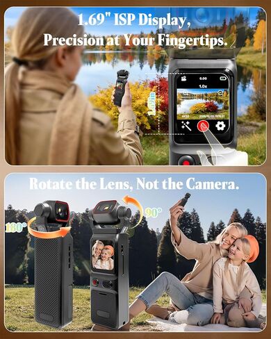 4K Vlogging Camera, Portable Pocket Camera (WiFi & 64GB Card) | 3000mAh Battery, 1.69" Display, 6-Axis Stabilizer & EIS, 150° Wide-Angle Body Cam for Travel YouTube & TikTok in Kuwait