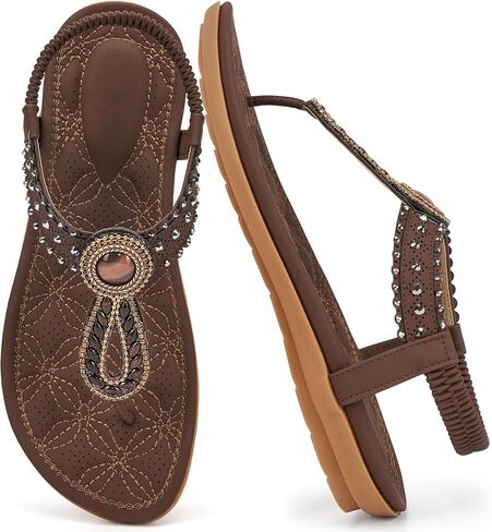 Ecetana Women's Dressy Flat Sandals: Comfortable Bohemian Rhinestone Summer Walking Shoes with Elastic Ankle Strap for Casual Vacation in Kuwait