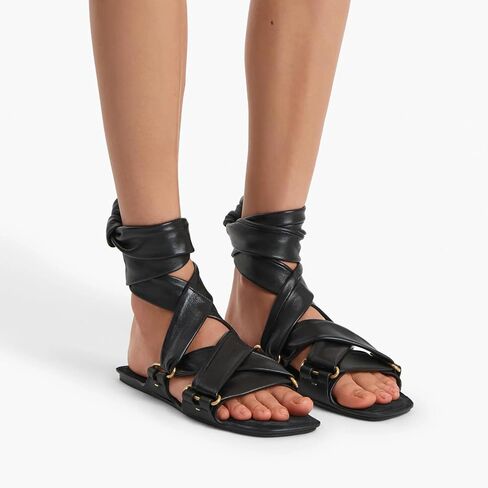 Strappy Flat Sandals for Women Square Open Toe Lace Up Gladiator Sandals Comfortable Summer Casual Slides in Kuwait