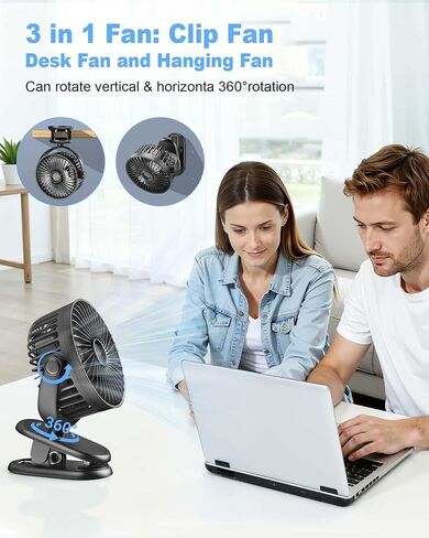 Portable Clip on Fan, Rechargeable Stroller Fan, USB Desk Fans With TYPE-C Port 5200 mAh Battery Operated 3 Speed 360° Rotatable Personal Small Mini Table Fan for Pram Car Seat Crib Golf Cart Camping in Kuwait
