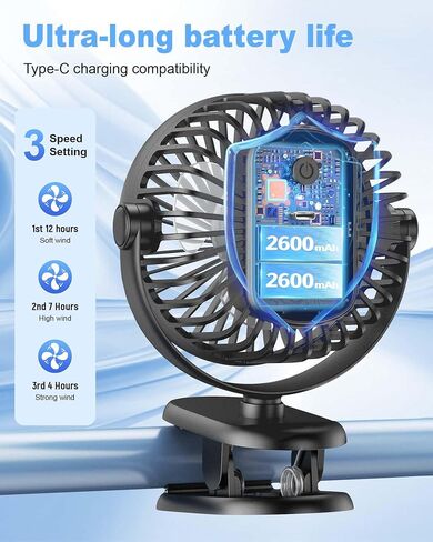 Portable Clip on Fan, Rechargeable Stroller Fan, USB Desk Fans With TYPE-C Port 5200 mAh Battery Operated 3 Speed 360° Rotatable Personal Small Mini Table Fan for Pram Car Seat Crib Golf Cart Camping in Kuwait