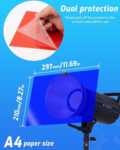 20 Pcs Color Correction Gel Light Filter, Transparency Film Plastic Sheets Colored Overlays Color Lighting Gel Filter, 10 Colors A4 Size in Kuwait