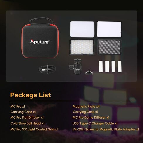 Aputure MC Pro RGBWW On Camera Video Light,5W High Brightness 1585 Lux at 0.5m,2000-10000K Adjustable Magnetic Attraction and IP65 Weatherproo for Photography,Videographer in Kuwait