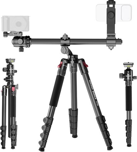NEEWER Basics 64.5" Horizontal Overhead Tripod Monopod for Dual Camera Aluminum Travel DSLR Camcorder Stand with Cell Phone Holder Compatible with iPhone for Video Recording, 22lb/10kg Load, TP66 in Kuwait