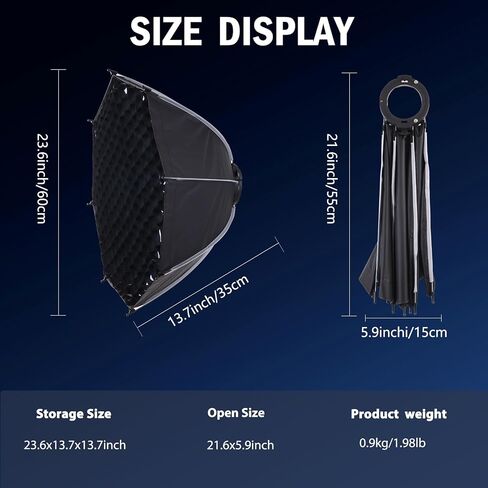 23.6"/60cm Bowens Mount Softbox, Quick Release Octagonal Softbox with Honeycomb Grid, Light Diffusers, Carrying Bag, Professional Soft Box for Studio Photography Lighting Flash in Kuwait