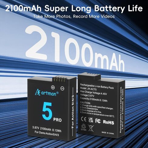 Artman Osmo Action 6 5 Pro 4 3 Replacement Batteries, (2 Pack) 2100mAh Action 5 Pro Batteries and 2-Slot Charger with LCD Display, Compatible with DJI Osmo Action 6, Action 5 Pro, Action 4, Action 3 in Kuwait