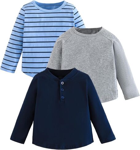 Jecson 3-Pack Toddler Long Sleeve Shirt Boys T-Shirt Cotton Tees Top 18M-5T | 3-Pack Toddler Long Sleeve Shirts In Soft Cotton Fabric, Designed For Daycare, School, Playtime, And Everyday Comfort. in Kuwait