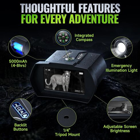 Rappet Night Vision Goggles, 4K Night Vision Binoculars for Adults (4.5" HD Screen/5000mAh Battery/4K UHD VIDEO/2952FT Range/32GB TF Card/18X Digital Zoom/Flashlight) for Hunting, Camping, Black in Saudi Arabia