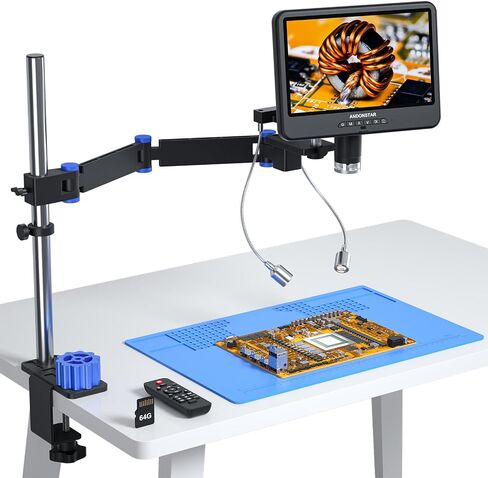 Andonstar AD208S-FA 4K HDMI Digital Microscope for Soldering 10.1" Screen | Articulating Boom Arm, 4K HDMI, 3840P UHD Video Audio Record, Electronic Microscope with Anti-Static Mat, 64GB Card in Kuwait