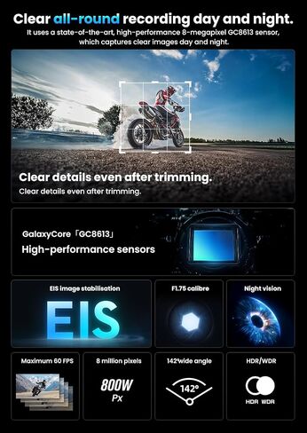 AKEEYO-710Pro EIS Motorcycle Camera, 4K28FPS 20MP WiFi Dash Cam, IP66 Ultra HD Waterproof Motorcycle Helmet Camera, 142° Wide Angle View Night Vision with 64GB Card, G-Sensor, Parking Mode in Kuwait