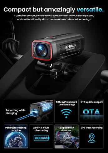 AKEEYO-710Pro EIS Motorcycle Camera, 4K28FPS 20MP WiFi Dash Cam, IP66 Ultra HD Waterproof Motorcycle Helmet Camera, 142° Wide Angle View Night Vision with 64GB Card, G-Sensor, Parking Mode in Kuwait