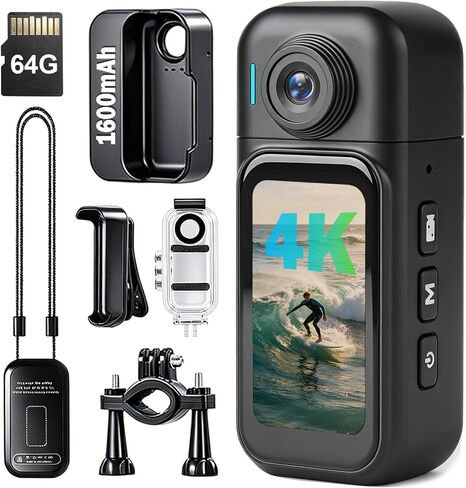 4K Mini Body Camera - 64GB Wearable POV Cam with Back Clip | 1.47" Touch Screen,5 Hours Recording,180° Rotating Lens Hands-Free for Vlogging Travel Workers Cycling Motorcycle(Black) in Kuwait