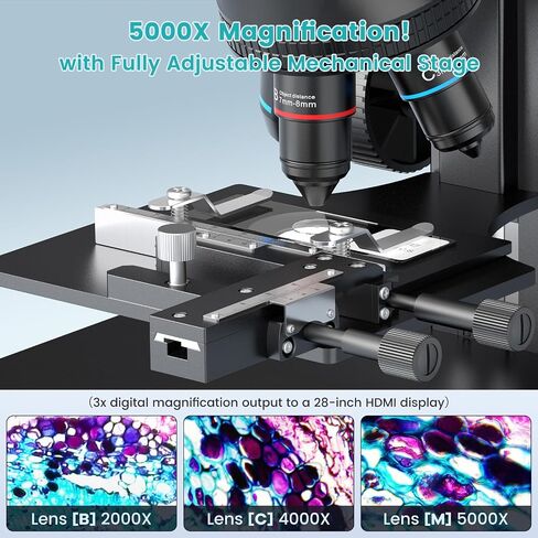 LM266S 5 Lens 7" HDMI Digital Microscope 5000X for Adults, Lab Digital Biological Microscope with Screen for Slides, Mechanical X-Y Stage, UHD 2160P Video, LCD Full View Coin Camera, PC View, 32GB in Kuwait