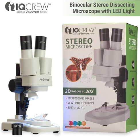 AMSCOPE-KIDS SE100ZZ-LED Portable Binocular Stereo Microscope, WF10X and WF25x Eyepieces, 20X and 50X Magnification, 2X Objective, LED Light Source, Reversible Black/White Stage Plate, Battery-Powered in Kuwait