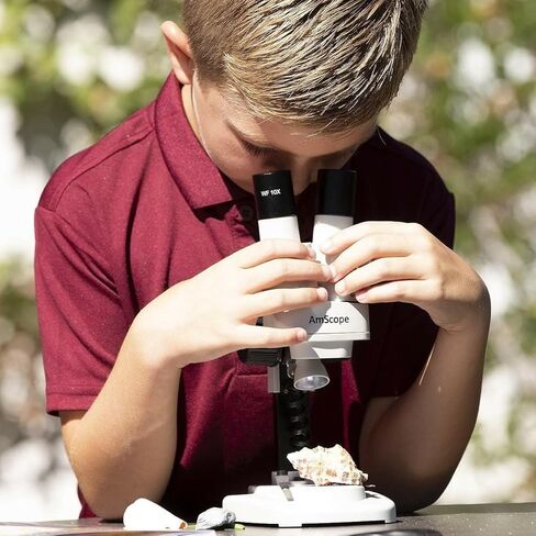 AMSCOPE-KIDS SE100ZZ-LED Portable Binocular Stereo Microscope, WF10X and WF25x Eyepieces, 20X and 50X Magnification, 2X Objective, LED Light Source, Reversible Black/White Stage Plate, Battery-Powered in Kuwait