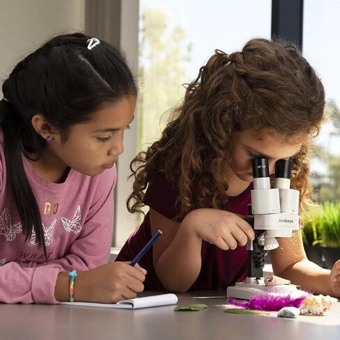 AMSCOPE-KIDS SE100ZZ-LED Portable Binocular Stereo Microscope, WF10X and WF25x Eyepieces, 20X and 50X Magnification, 2X Objective, LED Light Source, Reversible Black/White Stage Plate, Battery-Powered in Kuwait