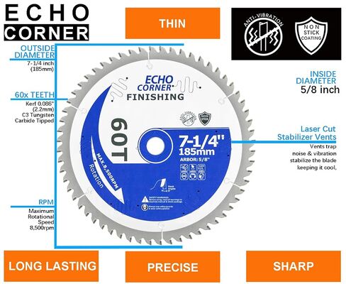 7-1/4 Inch Circular Saw Blade, Thin Kerf ATB 60T, 5/8" Arbor | Fast Fine-finish framing and crosscut wood, plywood, MDF, plastic, veneer, lumber, laminate, etc... in Kuwait