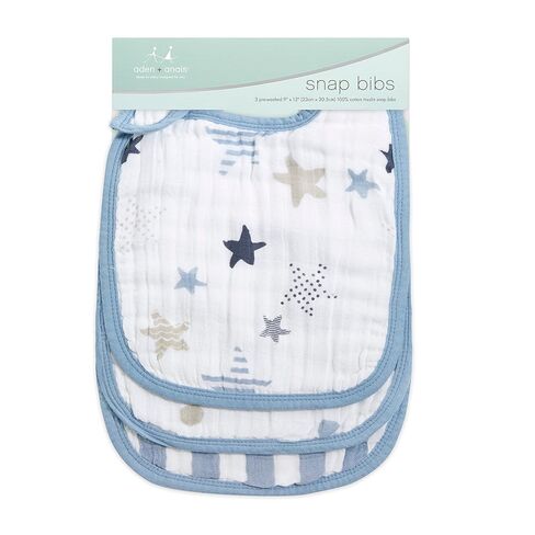 aden + anais Snap Bib, 100% Cotton Muslin, Soft Absorbent 3 Layers, Adjustable, 9" X 13", 3 Pack, Rock Star, Blue Stars in Kuwait