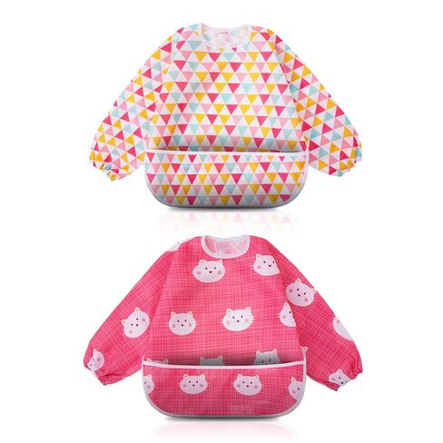 Little Dimsum Full Sleeved Feeding Bib 2 Pack,Baby & Toddler Waterproof Bib Apron,Food Protection Large Pocket Eating Smock 6-36 Months(Pink/Red) in Kuwait