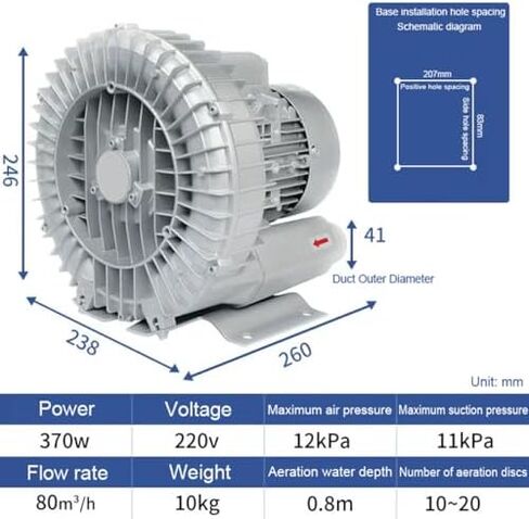 High Pressure Regenerative Blower 110V Industrial Vortex Air Pump 370W Pure Copper Motor IP54 for Fish Pond Aeration Vacuum Sandblasting Drying Quiet Stable Performance Aluminum Shell in Kuwait