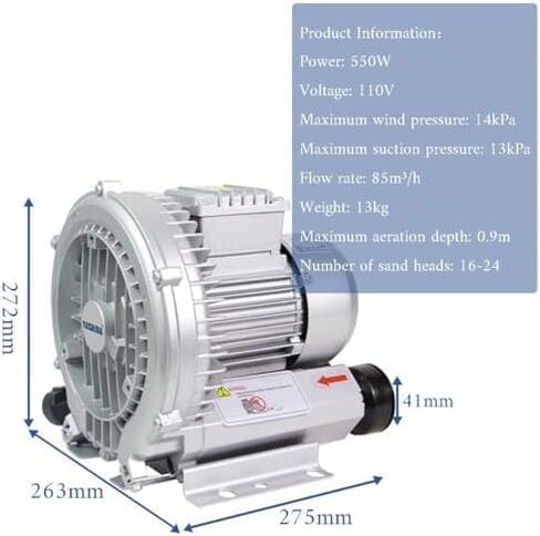 High Pressure Vortex Blower 110V, Aviation Aluminum Body for Sewage Aeration & Textile Industry. Industrial Vacuum Pump with Pure Copper Motor, Silent Design for Fish Pond Oxygenation, 550W Power. in Kuwait