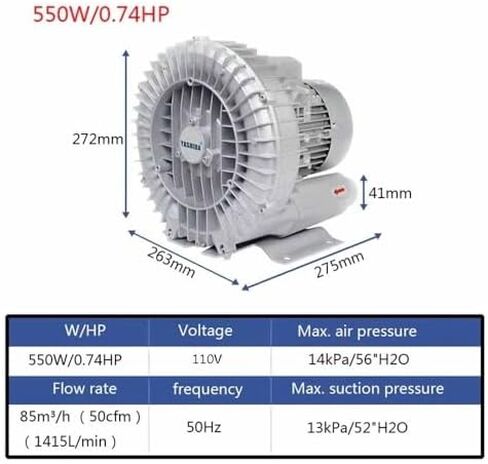 110V Regenerative Blower 0.16-1.49HP, 50Hz Vortex Air Pump for Sewage Aeration & Aquariums. Single Phase 350W Aluminum Unit with Dust Filter, Silent Copper Motor Design for Reliable Suction and in Kuwait