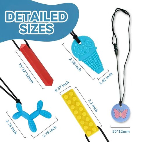 5 Pack Sensory Chew Necklaces for Aggressive Chewers - Silicone Chewelry for Autism, ADHD, SPD & Oral Motor Therapy - Cute Shapes Ice Cream, BPA-Free Textured Teething Necklaces for Kids & Toddlers in Kuwait