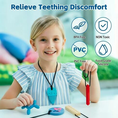 5 Pack Sensory Chew Necklaces for Aggressive Chewers - Silicone Chewelry for Autism, ADHD, SPD & Oral Motor Therapy - Cute Shapes Ice Cream, BPA-Free Textured Teething Necklaces for Kids & Toddlers in Kuwait