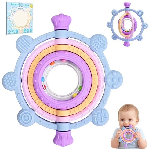 Rotatable Silicone Baby Teething Rings Rattle Toys for Infants 3-12 Months | Baby Teether Sensory Toys with Raised Textured Bumps, Safe&Soft for Chewing, Teething Relief, Soothing Sore Gums, BPA-Free in Kuwait