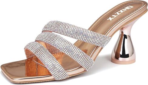 Women's Square Toe Kitten Heels, Rhinestone Mules Sandals | Non-Slip Rubber Outsole: Backless 3.15 IN Chunky High Heel Style, Making it Perfect for Wedding Party Fress or Work. in Kuwait