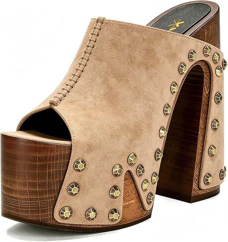 XYD Women's Wooden Chunky Heel Mule Platform Bronzed Studs Open Toe Block Sandals Vintage Parties Shoe in Kuwait