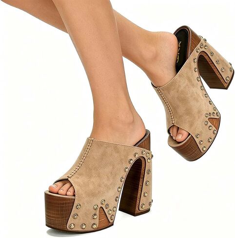 XYD Women's Wooden Chunky Heel Mule Platform Bronzed Studs Open Toe Block Sandals Vintage Parties Shoe in Kuwait