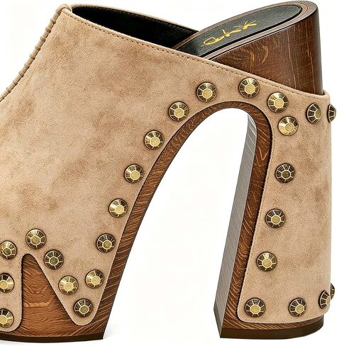 XYD Women's Wooden Chunky Heel Mule Platform Bronzed Studs Open Toe Block Sandals Vintage Parties Shoe in Kuwait