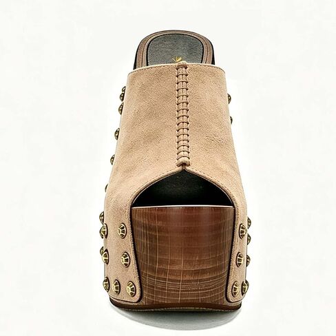 XYD Women's Wooden Chunky Heel Mule Platform Bronzed Studs Open Toe Block Sandals Vintage Parties Shoe in Kuwait