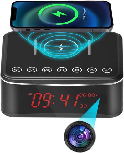 Hidden Camera Motion Activated/Stronger Night Vision/160°View Angle/HD 1080P,Indoor WiFi Camera with Bluetooth Speaker,Alarm Clock,Wireless/Wire Charger(2.4/5Ghz) in Kuwait