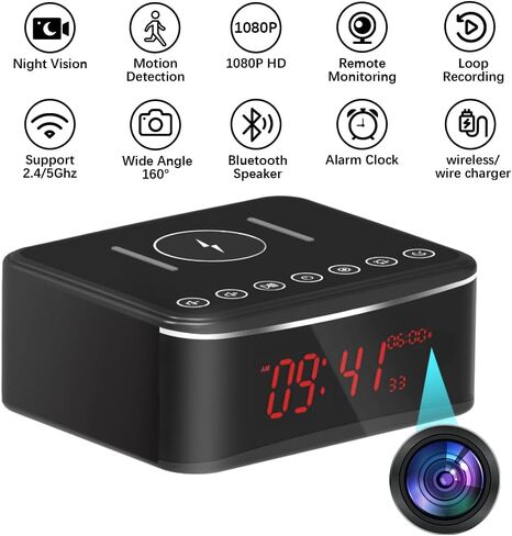 Hidden Camera Motion Activated/Stronger Night Vision/160°View Angle/HD 1080P,Indoor WiFi Camera with Bluetooth Speaker,Alarm Clock,Wireless/Wire Charger(2.4/5Ghz) in Kuwait