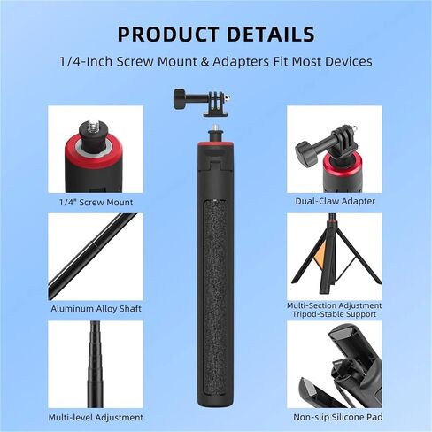 Extendable Tripod Selfie Stick with Long Hand Grip | Fits Osmo and Action Series, Converts to Floor Stand(CRYSTAL) in Kuwait
