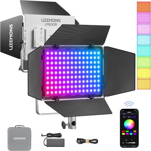 GODOX Litemons 60W LP600R RGB LED Video Light w/Barndoors, 1800K-10000K Full-Color RGB Panel Light, 9270 lux/0.5m, APP Control, 0%-100% GM Adjustment, for Studio Video Photography Live Streaming in Kuwait